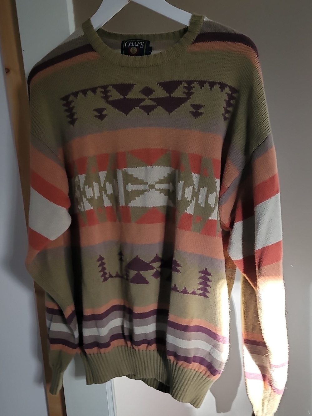 Chaps Geometric Crewneck Sweater in Olive, Rust & Cream SizeL